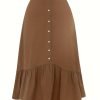 Women's Elegant Skirt, Plus Size Solid Button Decor Elastic High Rise Ruffle Hem Swing Maxi Skirt