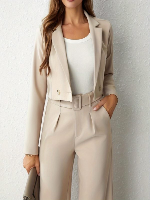 Business Casual Two-piece Set, Double-breasted Lapel Long Sleeve Blazer & Belted Wide Leg Pants Outfits, Women's Clothing