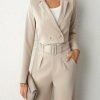 Business Casual Two-piece Set, Double-breasted Lapel Long Sleeve Blazer & Belted Wide Leg Pants Outfits, Women's Clothing