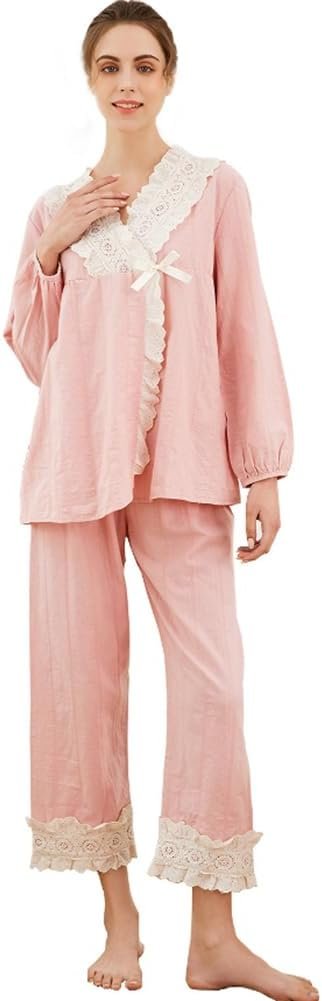 Women Pajamas Set Cotton Long Sleeve Button Down Sleep Shirt Womens Loungewear Set Cotton Nightie