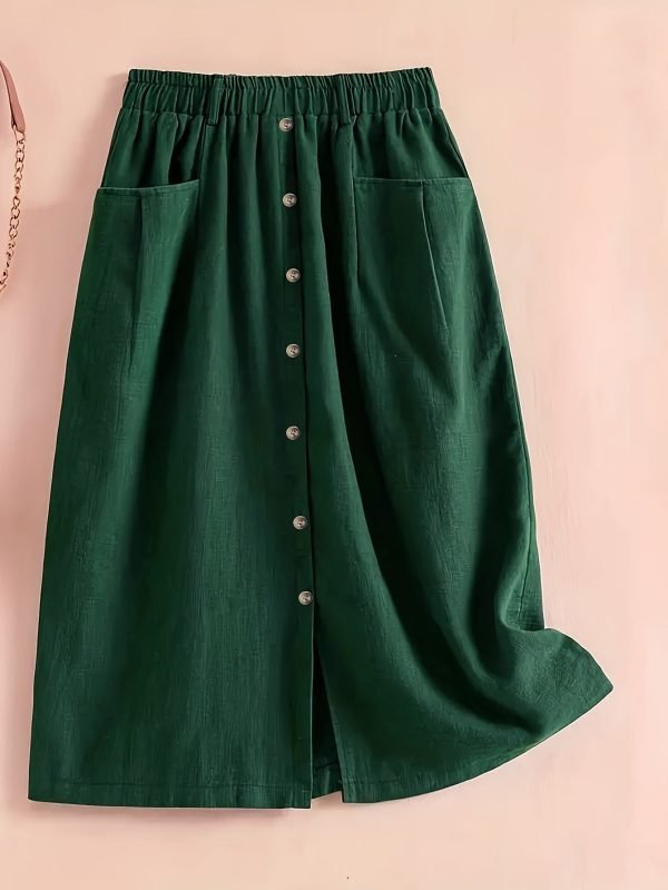 Button Front Pocket Design Skirt, Elegant Elastic Waist Split Hem Skirt For Spring & Fall, Women's Clothing