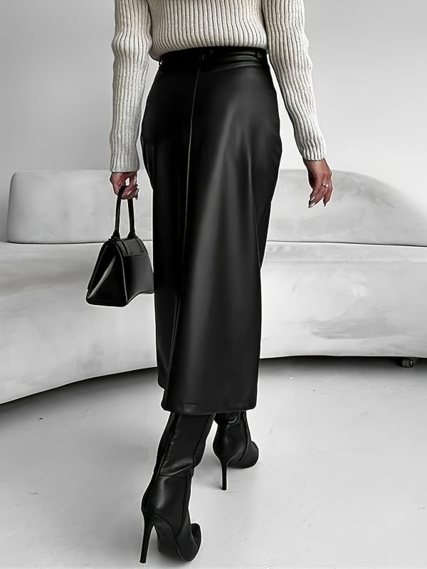 Plus Size Pu Leather Split Front Skirt, Elegant Slant Pocket Midi Skirt For Spring & Summer, Women's Plus Size Clothing