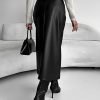 Plus Size Pu Leather Split Front Skirt, Elegant Slant Pocket Midi Skirt For Spring & Summer, Women's Plus Size Clothing