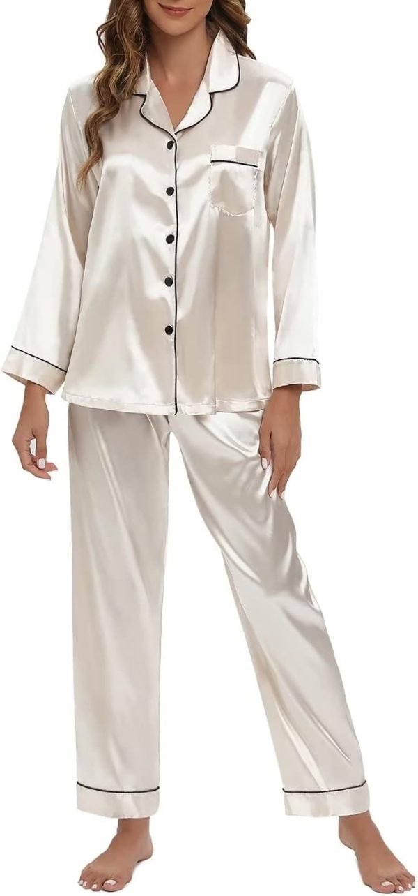 Women's Silk Satin Pajamas Set Long Sleeve Sleepwear Soft Pjs Set Two Piece Button Down Loungewear Pj Set
