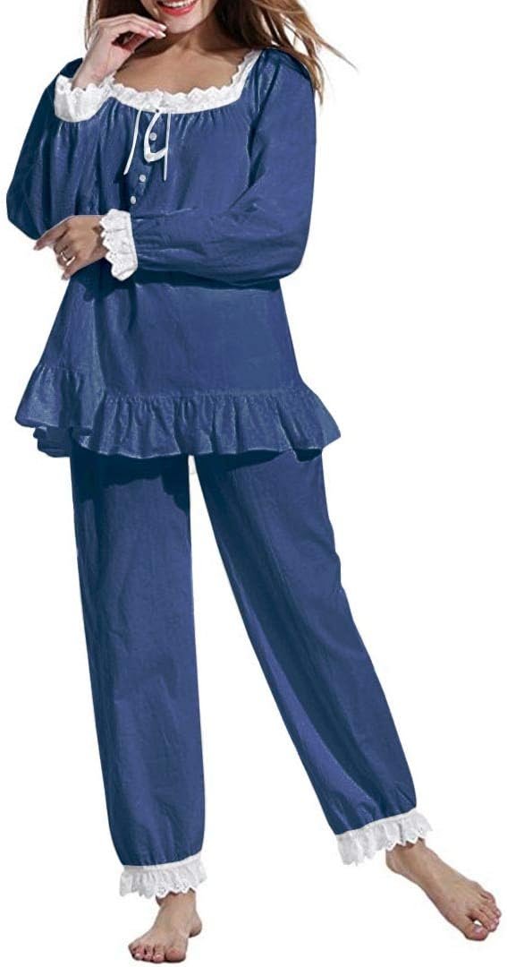 Women Pajamas Set Cotton Long Sleeve Button Down Sleep Shirt Womens Loungewear Set Cotton Nightie