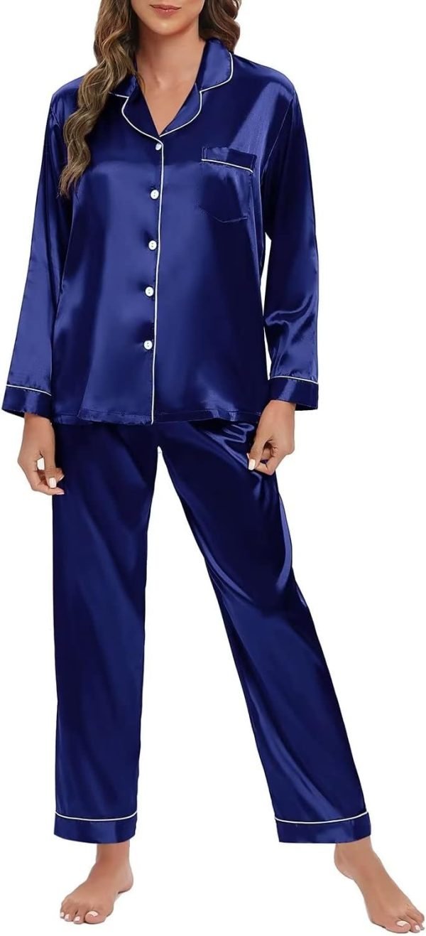 Women's Silk Satin Pajamas Set Long Sleeve Sleepwear Soft Pjs Set Two Piece Button Down Loungewear Pj Set