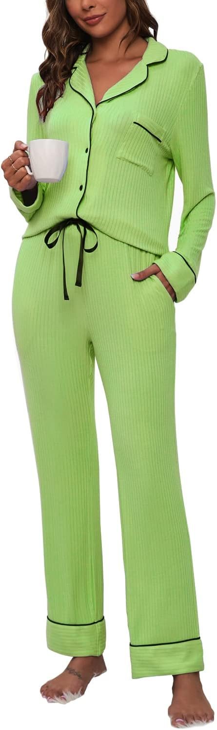 Womens Pajama Sets Soft Comfy Button Down Knitted Long Sleeve Sleepwear Pjs Lounge Sets Nightwear
