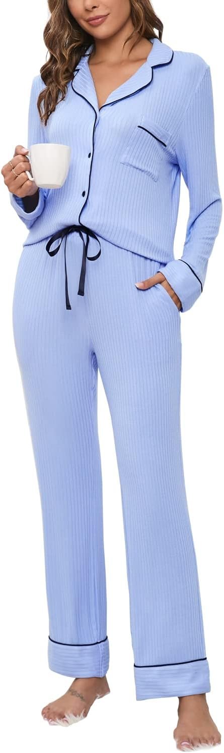 Womens Pajama Sets Soft Comfy Button Down Knitted Long Sleeve Sleepwear Pjs Lounge Sets Nightwear