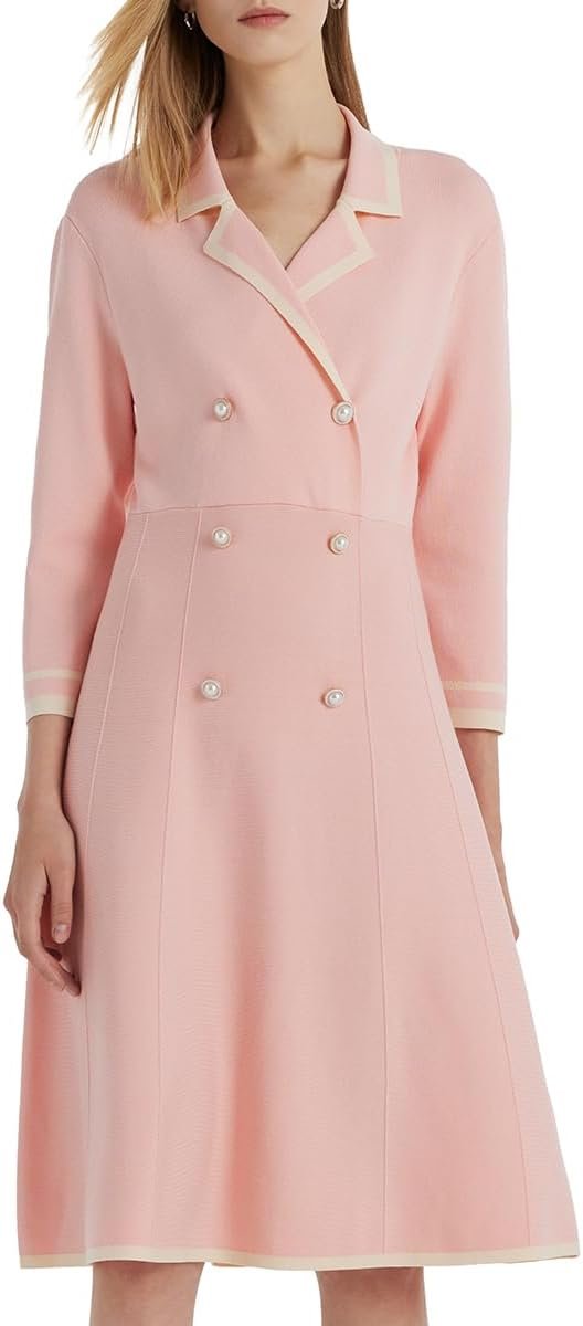 Blue Mini Sweater Dress for Women, Button up 3/4 Sleeve Knit Dresses for Teacher Work Business