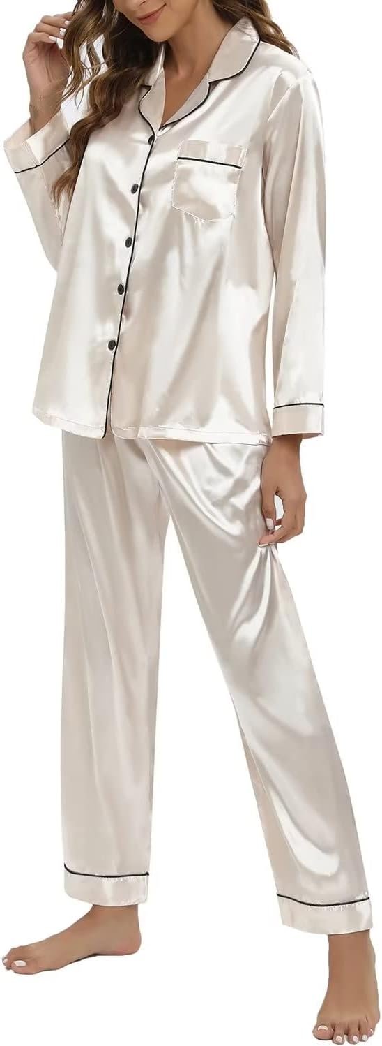 Women's Silk Satin Pajamas Set Long Sleeve Sleepwear Soft Pjs Set Two Piece Button Down Loungewear Pj Set