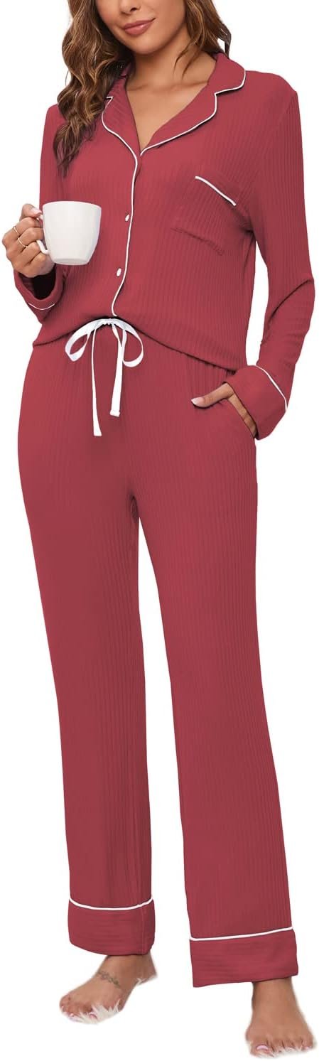 Womens Pajama Sets Soft Comfy Button Down Knitted Long Sleeve Sleepwear Pjs Lounge Sets Nightwear