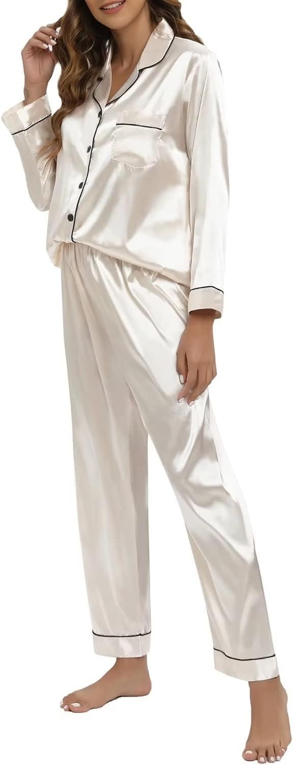 Women's Silk Satin Pajamas Set Long Sleeve Sleepwear Soft Pjs Set Two Piece Button Down Loungewear Pj Set