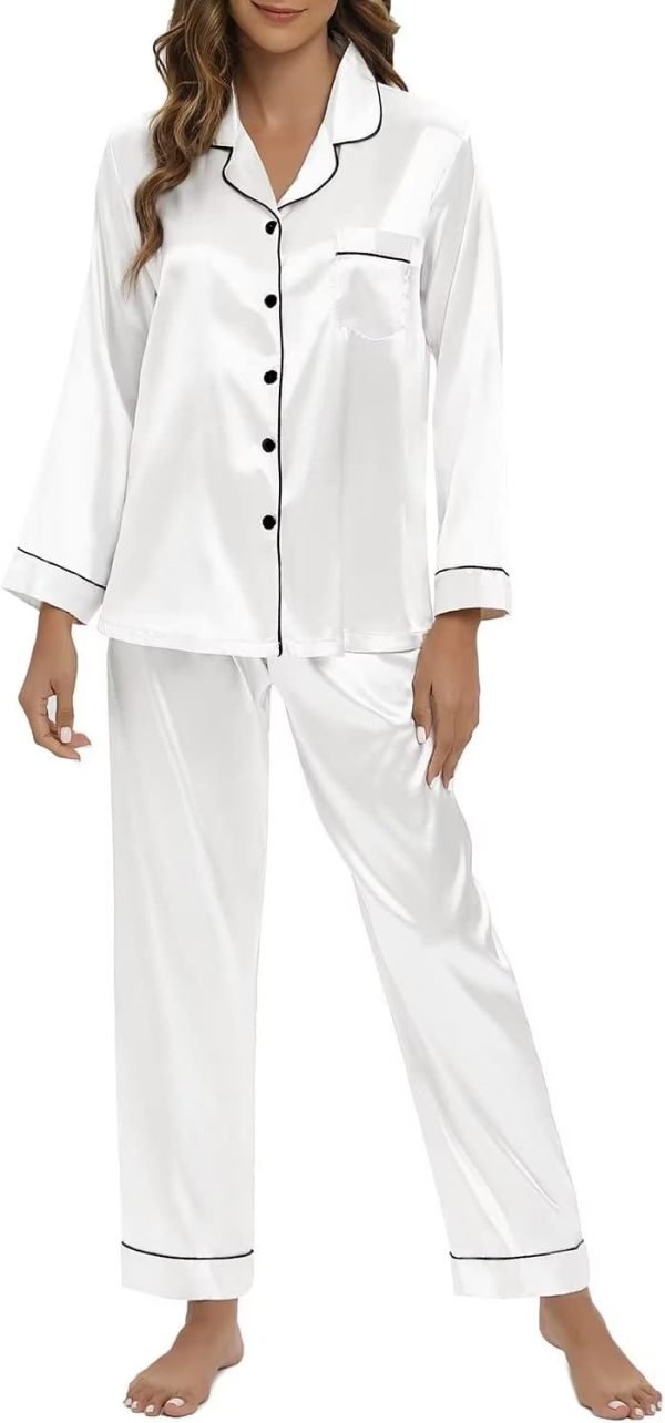 Women's Silk Satin Pajamas Set Long Sleeve Sleepwear Soft Pjs Set Two Piece Button Down Loungewear Pj Set