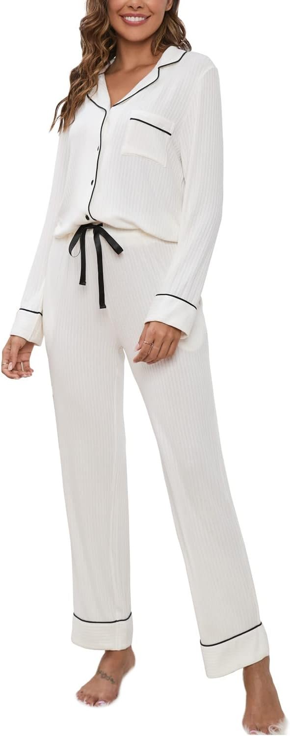 Womens Pajama Sets Soft Comfy Button Down Knitted Long Sleeve Sleepwear Pjs Lounge Sets Nightwear