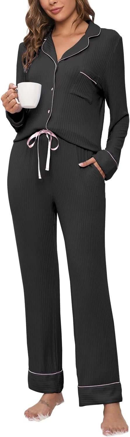 Womens Pajama Sets Soft Comfy Button Down Knitted Long Sleeve Sleepwear Pjs Lounge Sets Nightwear