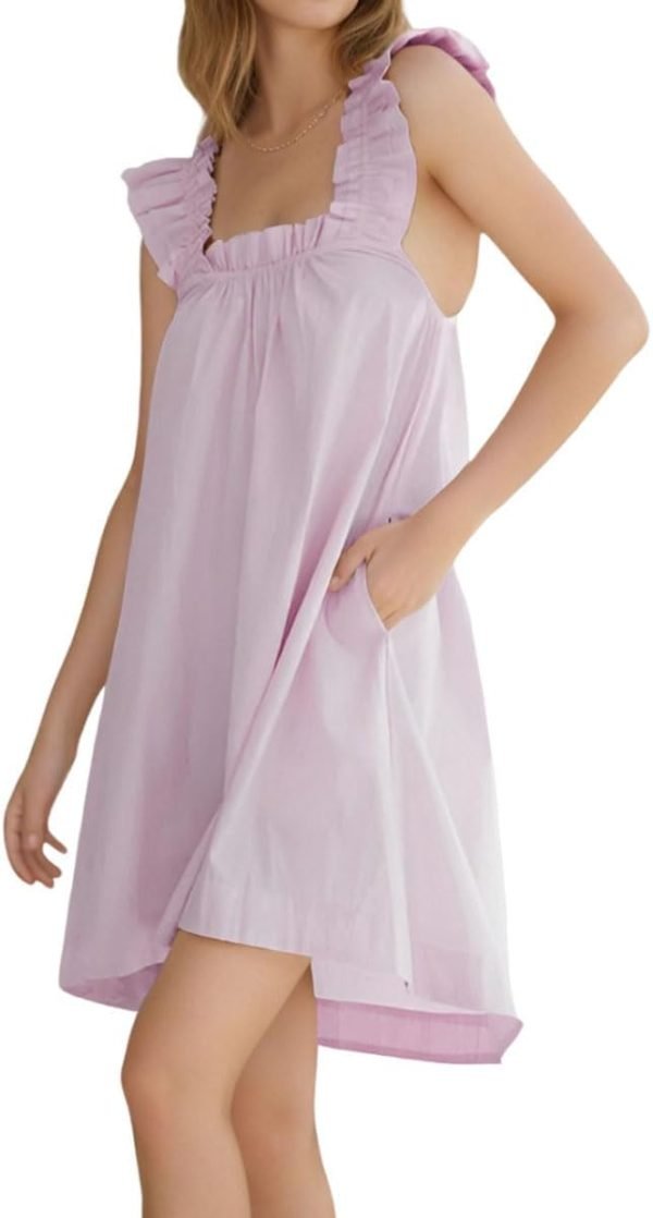 Womens Ruffle Nightgown Cotton Sleeveless Nightdress Soft Printed Night gown with Pockets