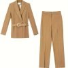 Solid Color Elegant Office & Work Pants Set, Belt Long Sleeve Lapel Neck Blazer & Straight Leg Pants Outfits, Women's Clothing