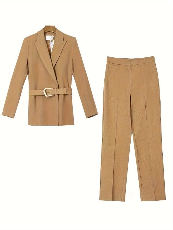 Solid Color Elegant Office & Work Pants Set, Belt Long Sleeve Lapel Neck Blazer & Straight Leg Pants Outfits, Women's Clothing