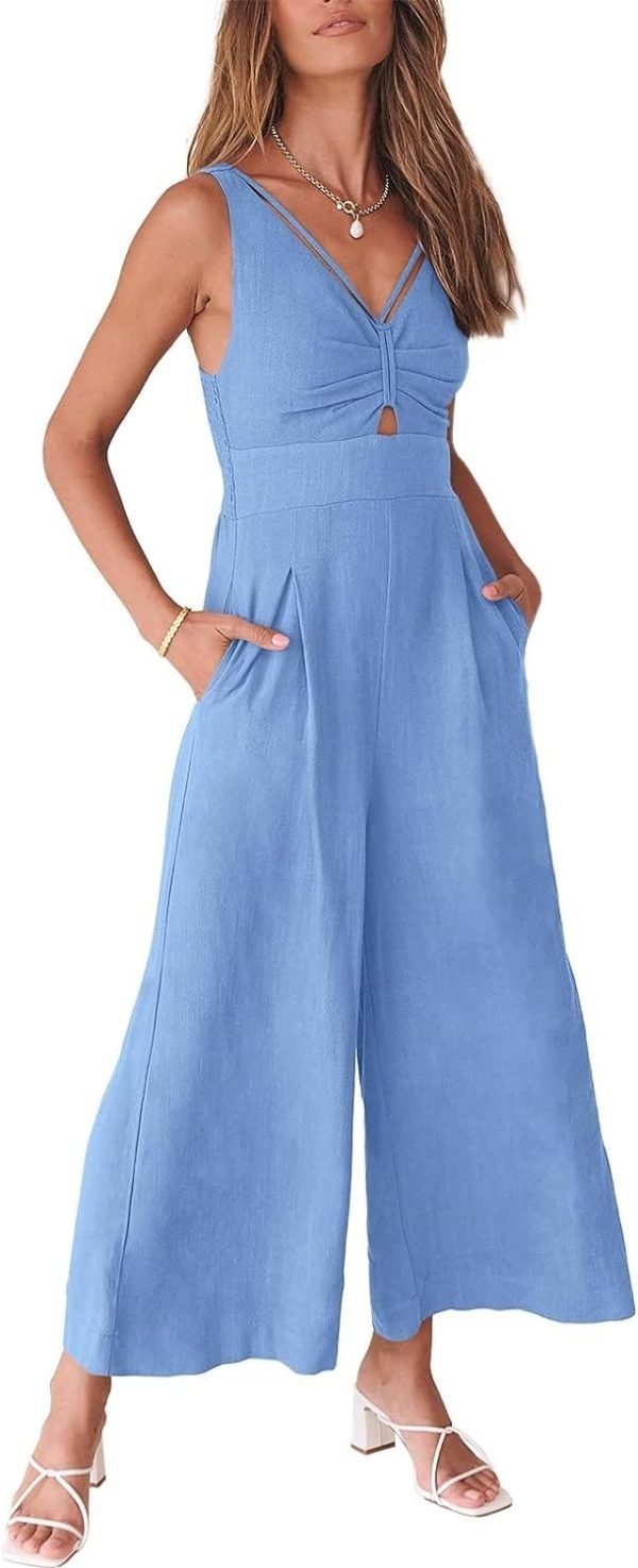 ANRABESS Women's Summer Wide Leg Linen Jumpsuits Dressy V Neck Sleeveless Casual Pants Rompers 2024 Vacation Beach Outfits