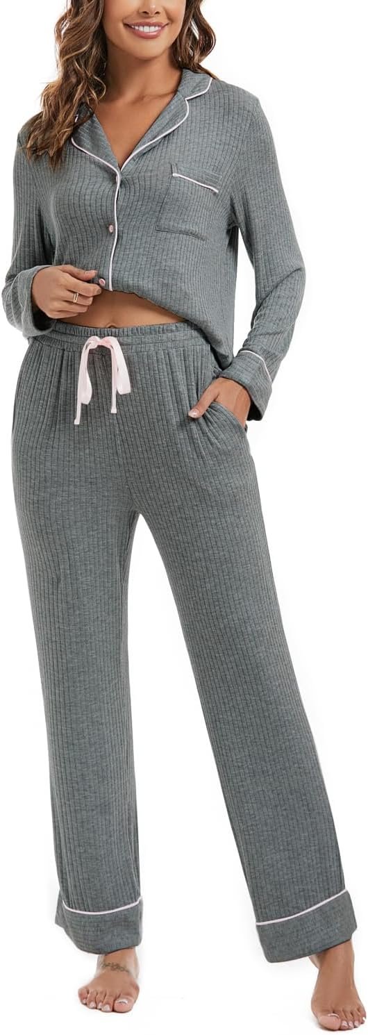 Womens Pajama Sets Soft Comfy Button Down Knitted Long Sleeve Sleepwear Pjs Lounge Sets Nightwear