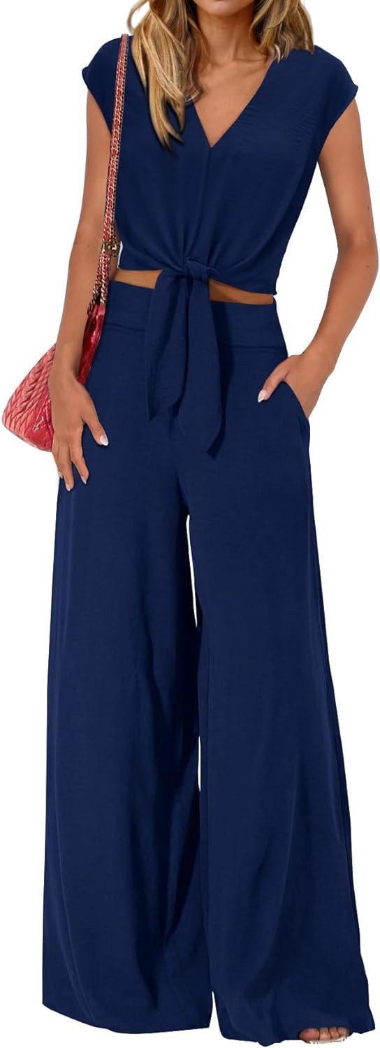 Women's Summer 2 Piece Outfits 2024 Cap Sleeve V Neck Belted Crop Tops Wide Leg Pant Sets Casual Tracksuit