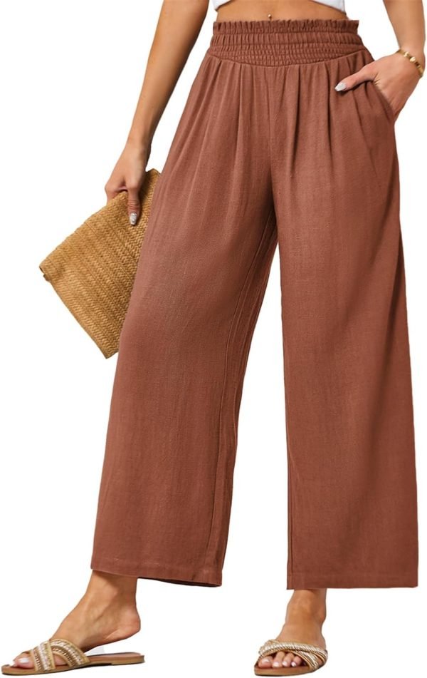 615FwAoYOkL._AC_SL1500 JASAMBAC Women's Capri Linen Wide Leg Pants Summer Boho Wide Leg Pants Smocked High-Rise Waist Casual Beach Pants with Pocket