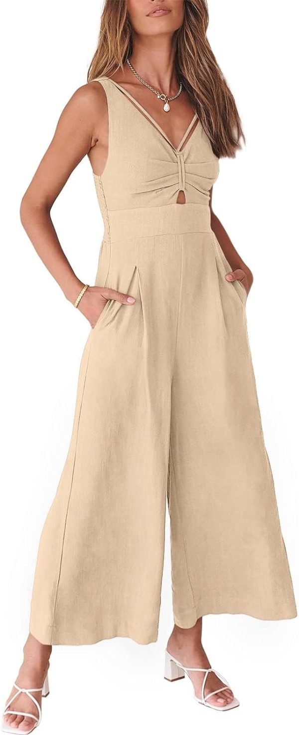 ANRABESS Women's Summer Wide Leg Linen Jumpsuits Dressy V Neck Sleeveless Casual Pants Rompers 2024 Vacation Beach Outfits