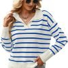 Women's Lightweight Striped Loose Sweater Polo V Neck Knitted Lapel Shirt Casual Color Block Top with Cream Background
