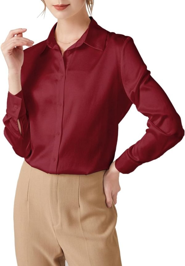 Womens Satin Solid Blouse Bow Tie Neck Button Down Shirts Long Sleeve Office Work Blouses Dressy Tops for Ladies Casual