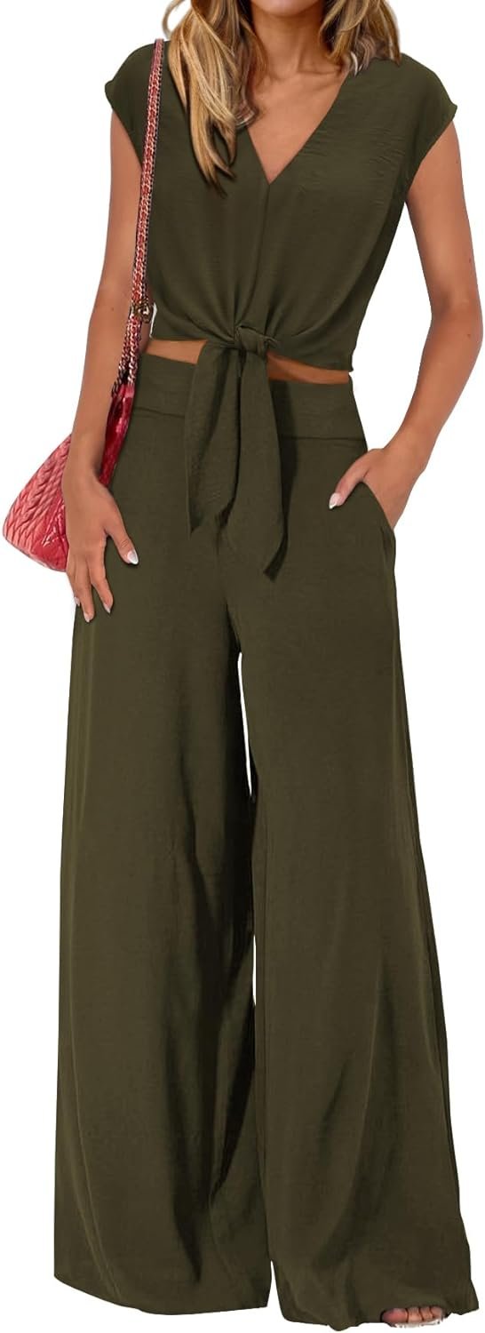 Women's Summer 2 Piece Outfits 2024 Cap Sleeve V Neck Belted Crop Tops Wide Leg Pant Sets Casual Tracksuit