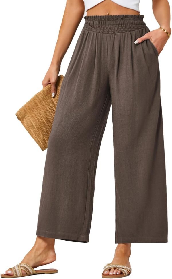 616z5ashbrL._AC_SL1500 JASAMBAC Women's Capri Linen Wide Leg Pants Summer Boho Wide Leg Pants Smocked High-Rise Waist Casual Beach Pants with Pocket