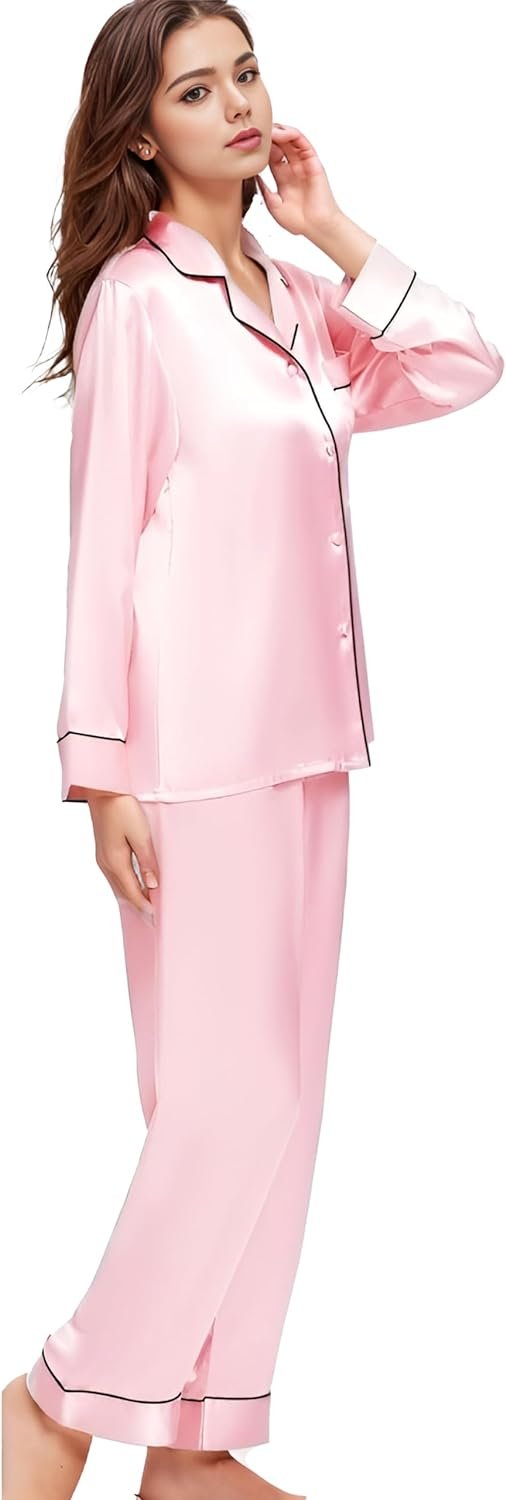 617ubVSUStL._AC_SL1500 Women's Satin Pajamas Set Long Sleeve Button Down Shirt With Long Pant Sleepwear