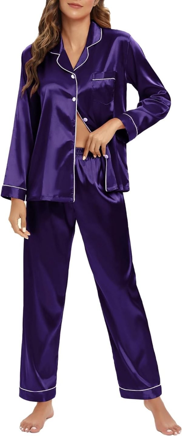 Women's Silk Satin Pajamas Set Long Sleeve Sleepwear Soft Pjs Set Two Piece Button Down Loungewear Pj Set