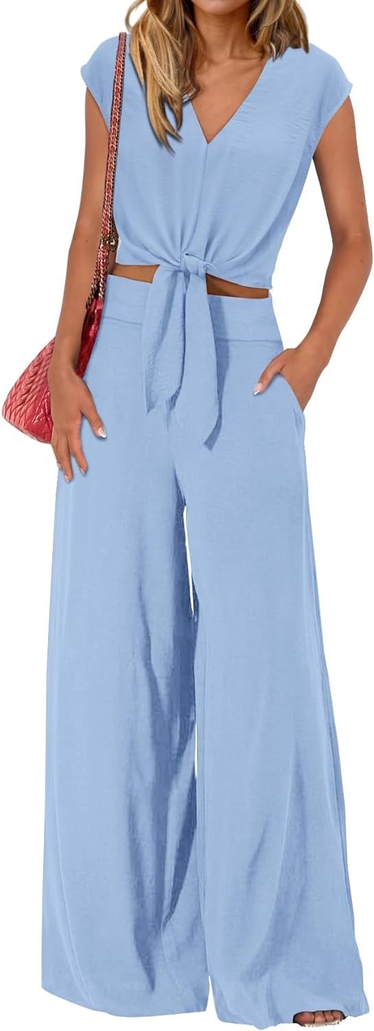 Women's Summer 2 Piece Outfits 2024 Cap Sleeve V Neck Belted Crop Tops Wide Leg Pant Sets Casual Tracksuit
