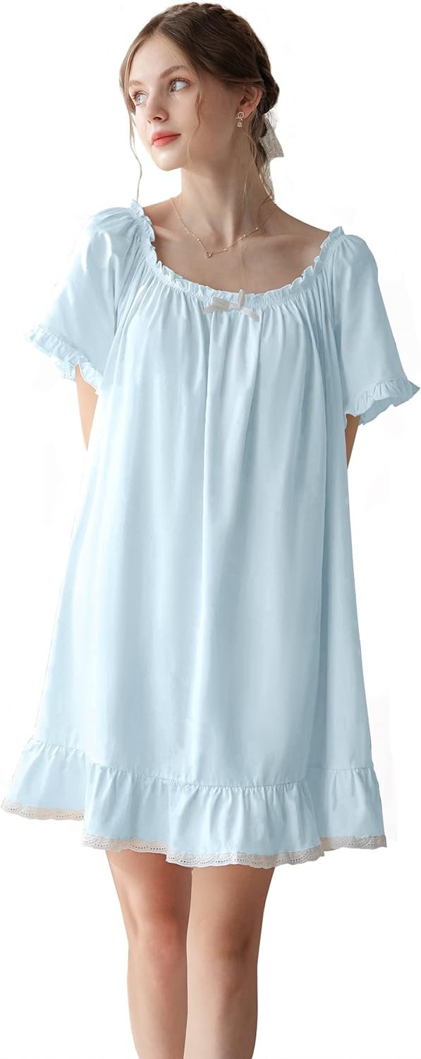 Women's Cotton Nightgowns Vintage Lightweight Gown Sets Short Sleeve Princess Nightdress