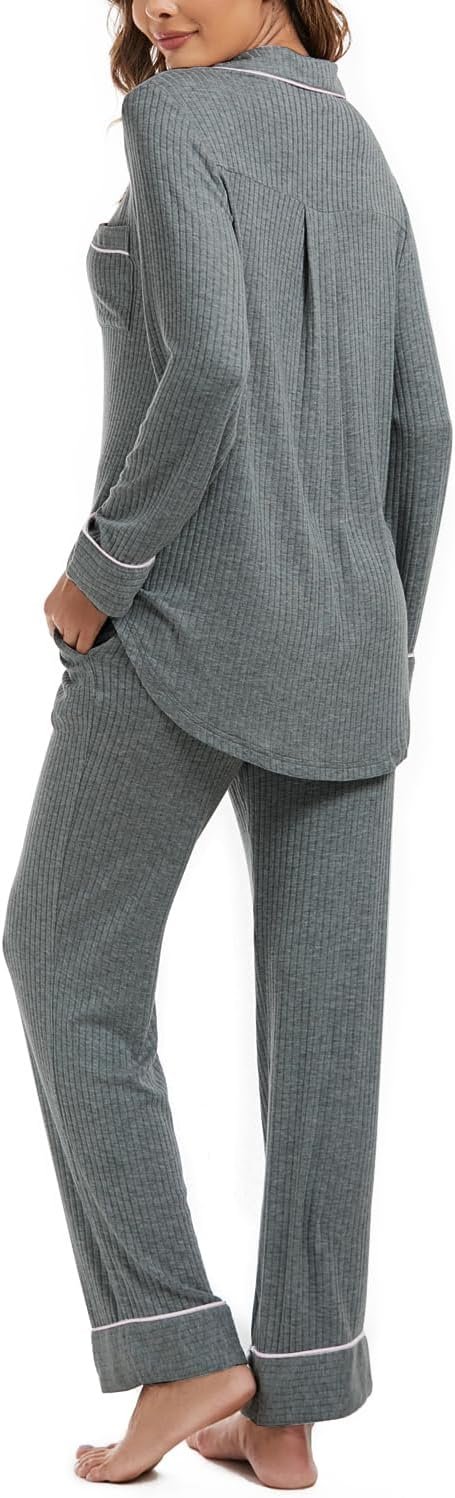 Womens Pajama Sets Soft Comfy Button Down Knitted Long Sleeve Sleepwear Pjs Lounge Sets Nightwear