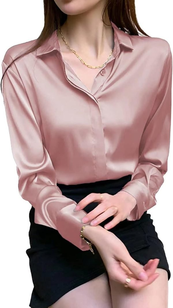 61CNyW4O3pL._AC_SL1500 Women's Satin Blouse Fashion Long Sleeve Satin Silk Shirt Work Office Top Casual Shirt