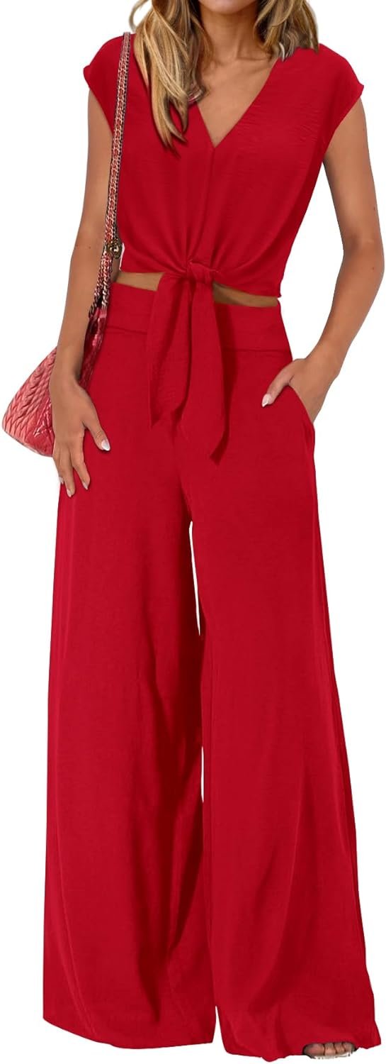 Women's Summer 2 Piece Outfits 2024 Cap Sleeve V Neck Belted Crop Tops Wide Leg Pant Sets Casual Tracksuit