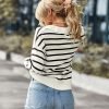 Women's Lightweight Striped Loose Sweater Polo V Neck Knitted Lapel Shirt Casual Color Block Top with Cream Background
