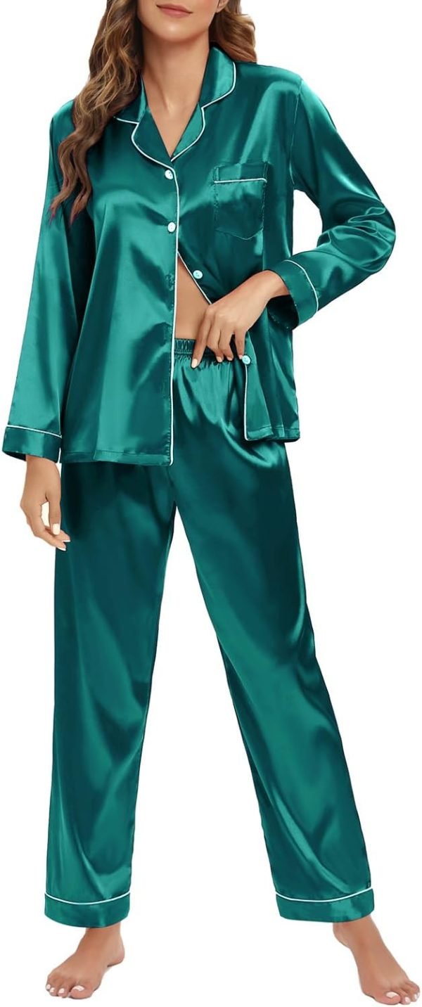 Women's Silk Satin Pajamas Set Long Sleeve Sleepwear Soft Pjs Set Two Piece Button Down Loungewear Pj Set