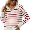 Women's Lightweight Striped Loose Sweater Polo V Neck Knitted Lapel Shirt Casual Color Block Top with Cream Background