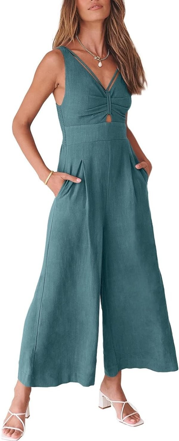 ANRABESS Women's Summer Wide Leg Linen Jumpsuits Dressy V Neck Sleeveless Casual Pants Rompers 2024 Vacation Beach Outfits