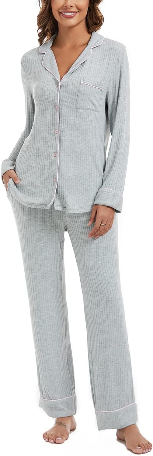 Womens Pajama Sets Soft Comfy Button Down Knitted Long Sleeve Sleepwear Pjs Lounge Sets Nightwear