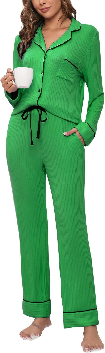 Womens Pajama Sets Soft Comfy Button Down Knitted Long Sleeve Sleepwear Pjs Lounge Sets Nightwear