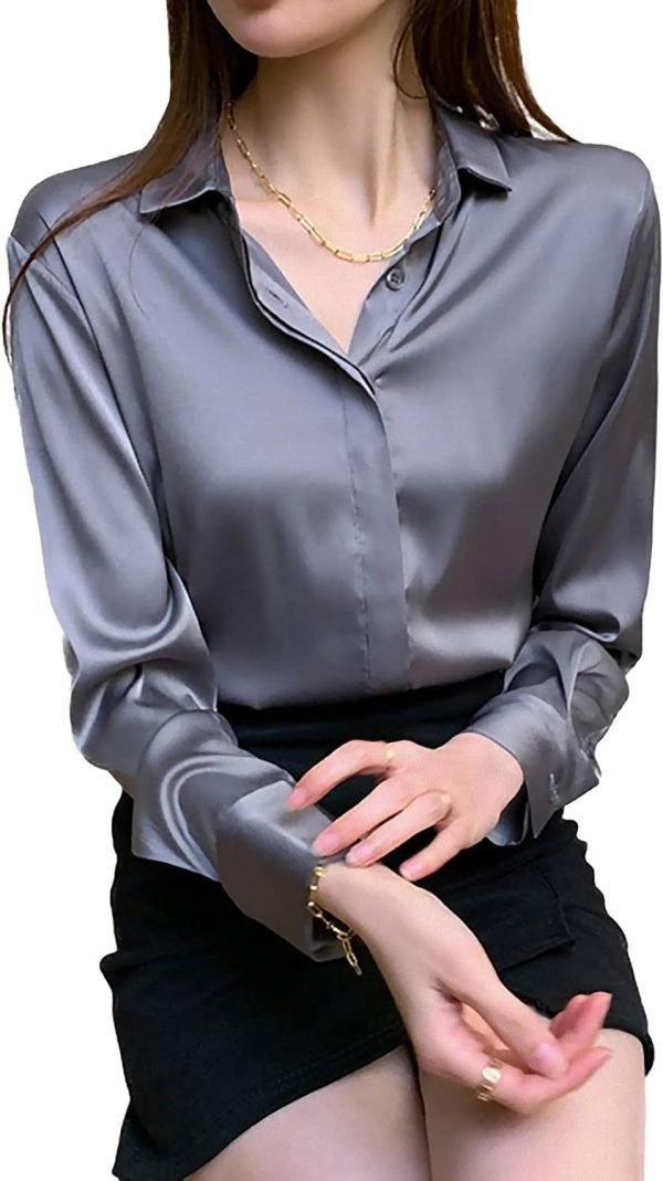 61NS2YO25VS._AC_SL1500 Women's Satin Blouse Fashion Long Sleeve Satin Silk Shirt Work Office Top Casual Shirt