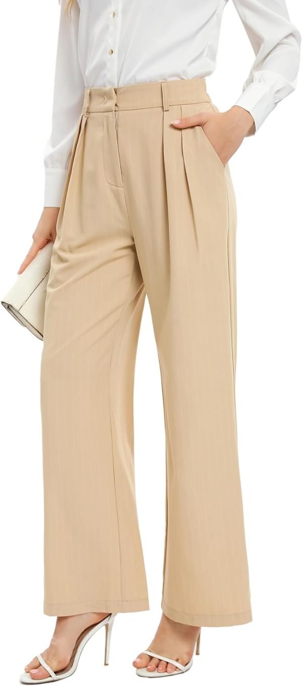 Women's Casual Striped High Waisted Wide Leg Pants Elastic Waist Loose Fit Trousers