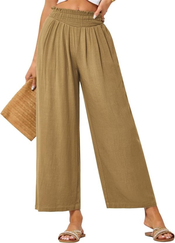 61OzPaaPjdL._AC_SL1500 JASAMBAC Women's Capri Linen Wide Leg Pants Summer Boho Wide Leg Pants Smocked High-Rise Waist Casual Beach Pants with Pocket