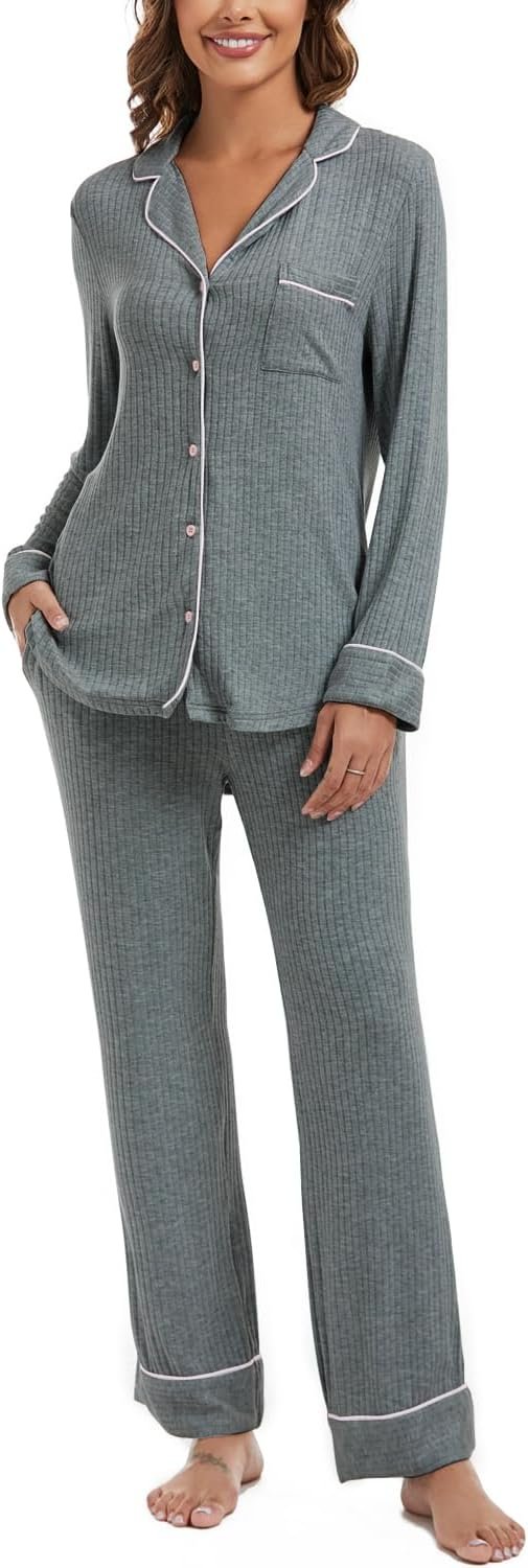 Womens Pajama Sets Soft Comfy Button Down Knitted Long Sleeve Sleepwear Pjs Lounge Sets Nightwear