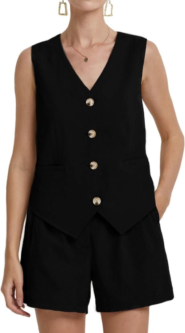 Womens Two Piece Outfits 2024 Summer Casual Sleeveless Blazer Vest Shorts Set with Pockets