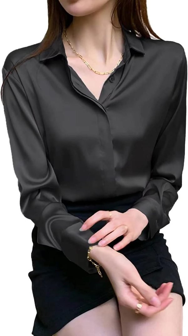 61Vpk1iu4zL._AC_SL1500 Women's Satin Blouse Fashion Long Sleeve Satin Silk Shirt Work Office Top Casual Shirt